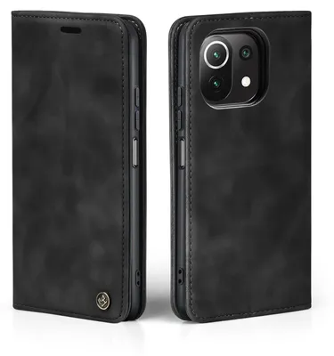 A black flip case for a smartphone, shown from two angles.