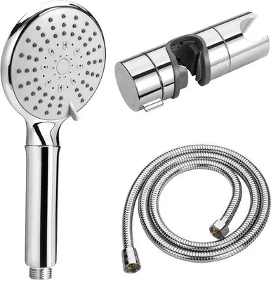 Produktbild von QIWODE Duschset, Duschkopf mit Schlauch und Halterung, wassersparender Duschkopf, Schlauch 1,5 m, Duschkopfhalterung ohne Bohren, wassersparende Handbrause, 5 Strahlarten, Chrom
