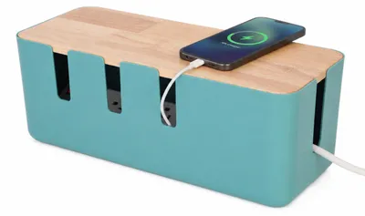 Productafbeelding van Relaxdays kabelbox, geschikt voor 2 stekkerdozen, met houten deksel, kunststof, om kabels te verbergen, afmetingen (h x b x d): 11,5 x 30,5 x 12,5 cm, mintgroen
