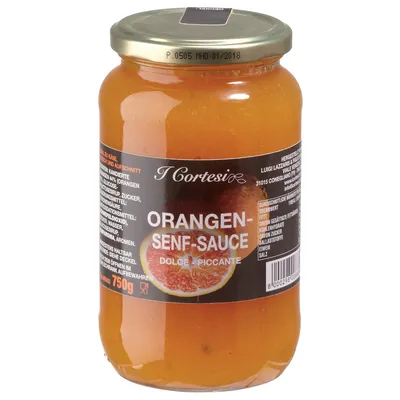 Obrázek produktu pro Cortesi pomerančová hořčičná omáčka z lahodných pomerančů Dolce Piccante 750g