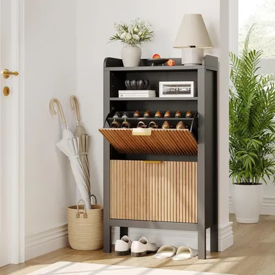 Produktbild von Schuhschrank 2 Klappen Wellen Design Schmal Schuhkommode Aufbewahrung 60x24x111 cm schwarz