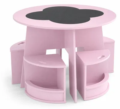 Produktbild von Kindertisch mit 4 Stühlen, Runder Maltisch mit 4 Stauraumhocker, Aktivitätstisch mit Kreidetafelplatte, Kindersitzgruppe für Kinder ab 3 Jahren, Rosa