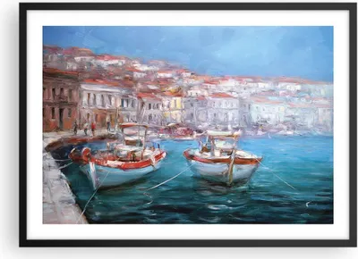 Produktbild von Gerahmtes Poster - Schwarzer Rahmen - Öl Boote Griechenland - 70x50 cm - Wand Bild - Wanddeko - Wandbilder - Kunstposter - Wandposter - Bilderrahmen - Bilder - Kunstdruck - P2BAA70x50-4467