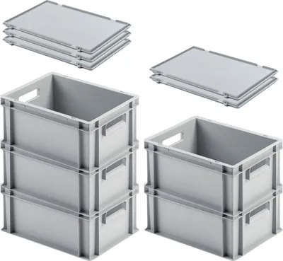 Produktbild von SuperSparSet 5x Eurobehälter mit offenem Griff und Scharnierdeckel | HxBxT 17,5x30x40cm | 16 Liter | Grau | Eurobox, Transportbox, Transportbehälter, Stapelbehälter