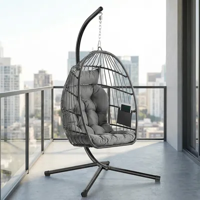 Produktbild von SONGMICS Schaukelstuhl mit Gestell, klappbarer Korbsessel höhenverstellbar, Hängeschaukel für Garten Balkon, Kissen, grau