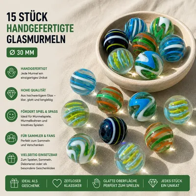 Produktbild von 15 Stück handgefertigte Glasmurmeln Ø 30 mm – große bunte Murmeln aus Glas – XXL Murmel Mix – Dekokugeln & Murmelspiel, KI-generiertes Bild