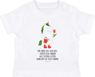 Produktbild von Mr. & Mrs. Panda Babyshirt Einhorn Gärtner 6. - 12. Monat - Weiß - Geschenk, Freundin, Kleinkind T-Shirt, Baby  Shirt, Top, Stiefel, Luftballon, Unicorn, Einhörner