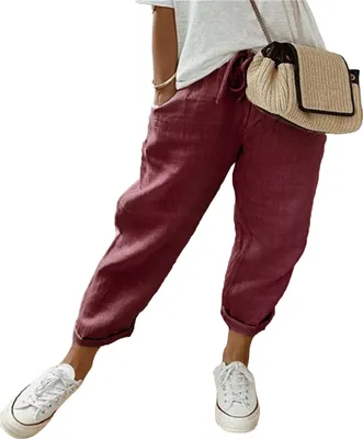 Produktbild von ASKSA Damen Leinenhose Casual Leicht Sommerhose Bequeme Hose Freizeithose Strandhose mit Taschen, Weinrot, Groesse: XL