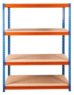Zdjęcie produktu dla Regał magazynowy metalowy warsztatowy 4-półkowy Mega-M Pro Max do 500kg na półkę 120x60x180cm niebieski/pomarańczowy