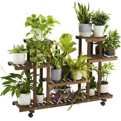 Produktbild von Yaheetech Pflanzenregal mit Rädern, Vierstufiges Blumenregal Balkon, Blumenständer, Blumentreppe, Massivholz, für Indoor & Outdoor, 124 x 33 x 80 cm