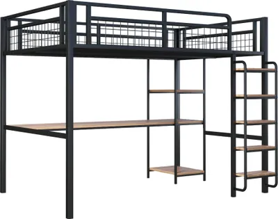 A black metal loft bed with a wooden desk and shelves, shown against a white background.