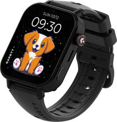 A black smartwatch with a cartoon dog on the screen, displayed against a black background.
