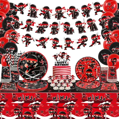 Immagine prodotto di Omgoods - Decorazioni per feste a tema ninja per compleanno - Striscione "Buon Compleanno" - Tovaglia - Stoviglie - Palloncini - Adatto per 20 persone - Decorazioni per feste
