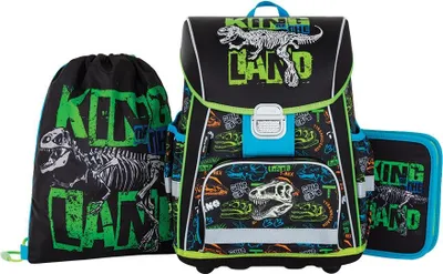 A set of three dinosaur-themed school supplies, including a backpack, a drawstring bag, and a pencil case, displayed against a white background.