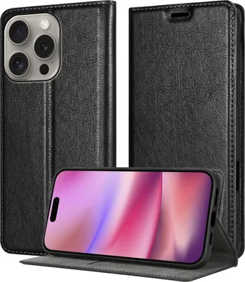 Immagine prodotto di Cadorabo Custodia per Apple iPhone 16 PRO in NERO NOTTE Custodia protettiva con chiusura magnetica, funzione stand e slot per carte di credito Custodia flip cover per telefoni cellulari custodia a libro