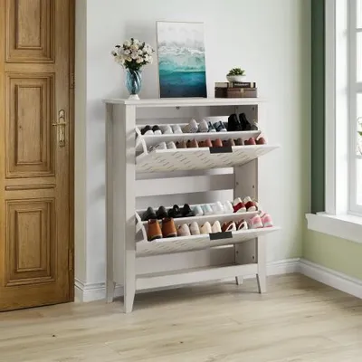 Produktbild von Weiss 80x24x97.5 cm Schrank Vintage-Schuhschrank freistehend Mid-Century Vintage 2 Klappschubladen Eingangsbereich Vitrine Schuhregal Schuhkommode