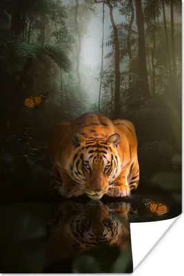 Produktbild von MuchoWow® Poster Tiger - Dschungel - Wasser - Schmetterling 120x180 cm - Kunstposter