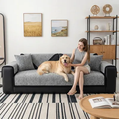Obrázek produktu pro Potah na pohovku, plyšový, šedý, 90x280 cm, pro rohové pohovky, protiskluzový