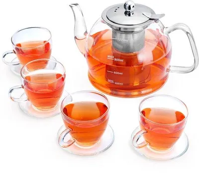 Produktbild von Unyqoos® Glasteekanne mit Sieb & 4 Gläsern, 1.200 ml Kanne + 4×80 ml, Borosilikatglas, Edelstahl-Sieb, hitzebeständig, spülmaschinenfest