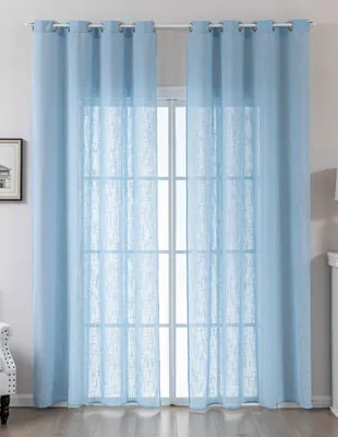 Two light blue sheer curtains are hanging in front of a window.