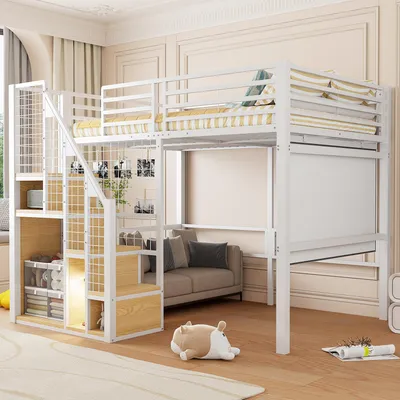 Productafbeelding van Metaal hoogslaper 140 x 200 cm met opbergruimte, kledingroede, legplank, veiligheidsreling en metalen frame, kinderbed, tienerbed, wit
