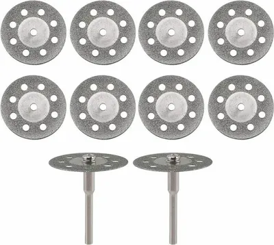 Produktbild von 10 Diamantscheiben mit 22 mm Durchmesser und 2 Ersatzdornen mit 3 mm Durchmesser für rotierende Dremel-Werkzeuge, Modell: Silber