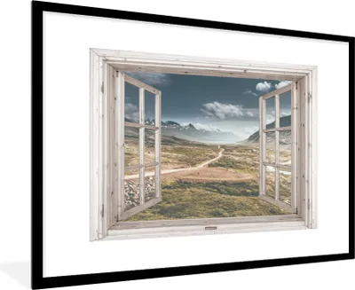 Produktbild von MuchoWow® Gerahmtes Poster Aussicht - Berg - Holz 90x60 cm - Poster mit Schwarzem Bilderrahmen Wandposter Rahmen Foto Bilder - Wanddekoration - Fotos