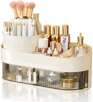 Immagine prodotto di Un organizer per cosmetici Unyqoos® rotante a 360°, con cassetto trasparente e scomparti laterali, ideale per riporre trucchi e gioielli in modo efficiente e salvaspazio, realizzato con materiali ecocompatibili