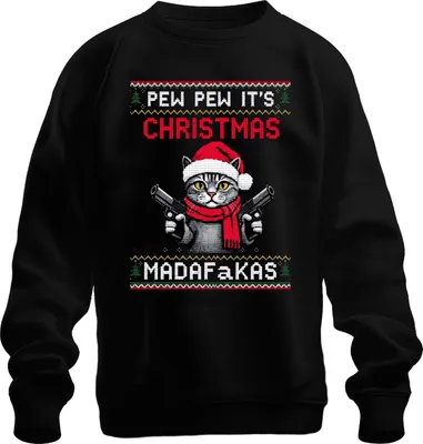 Produktbild von Pew Pew It's Christmas Madafakas Katze Pistolen Weihnachten Uni Sweatshirt Pullover, Schwarz, S