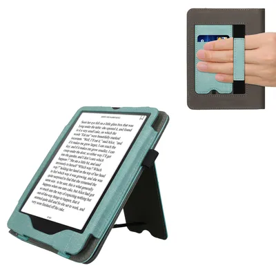 Produktbild von kwmobile Hülle kompatibel mit Amazon Kindle Paperwhite (2024)/Colorsoft Hülle - Flip Case mit Handschlaufe - Kunstleder Cover - Mintgrün Dunkelgrau