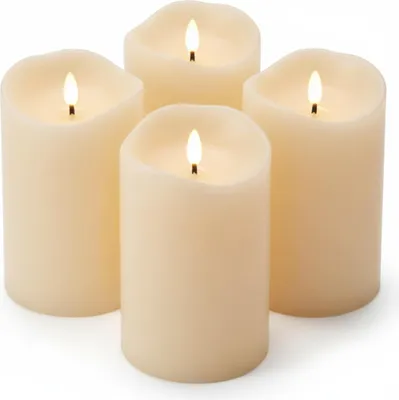Four cream-colored LED candles with black wicks are arranged in a group on a white background.