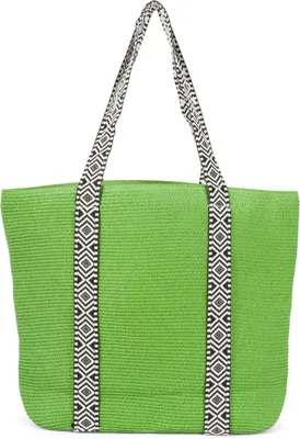 Produktbild von styleBREAKER Papierstroh Strandtasche mit Azteken Muster Bändern | Damen Flechttasche mit Reißverschluss | 50 x 37 x 13 cm