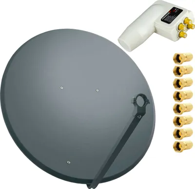 A satellite dish, LNB, and F-connectors are arranged on a white background.