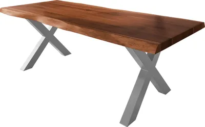 Produktbild von Esstisch Baumkante massiv Akazie nussbaumfarben 240 x 110 X-Gestell Metall silber TITAN