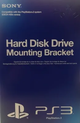 The image shows the packaging for a PlayStation 3 Hard Disk Drive Mounting Bracket.