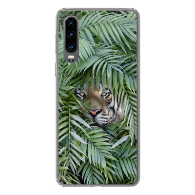 Produktbild von MuchoWow® Handyhülle Schutzhülle Hülle für Huawei P30 Tiger - Blätter - Farn Silikon Softcase Handy Hülle - Kartenbesitzer