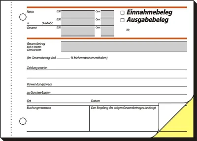 Produktbild von Ausgabe-/Einnahmebeleg A6 quer 1. und 2. Blatt bedruckt selbstdurchschreibend 2x40 Blatt Packung mit 10 Stück