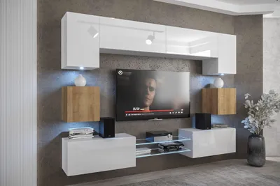 Image de Furnitech Meuble-paroi Salon - Meuble-paroi suspendu Moderne - Étagères et meuble TV - Meubles de salon sans LED (Nowara ANX1-17WDZ-HGM-31-1A)