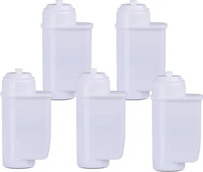 A set of five white water filter cartridges arranged in two rows on a white background.