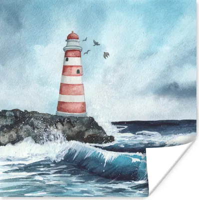 Produktbild von MuchoWow® Poster Meer - Golf - Leuchtturm 50x50 cm - Wohnzimmerdekoration