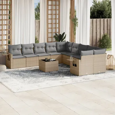 Produktbild von Design 11-tlg. Garten-Sofagarnitur mit Kissen Beige Poly Rattan, Gartenmöbel-Sets 2024 Neu