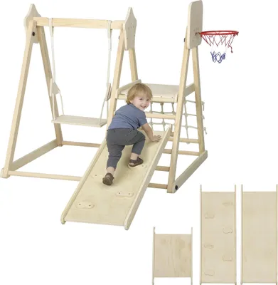 Image de Toboggan et structure d'escalade pour enfants - Ensemble 5 en 1 - Balançoire - Panier de basket - Filet d'escalade - Bois - Bois naturel