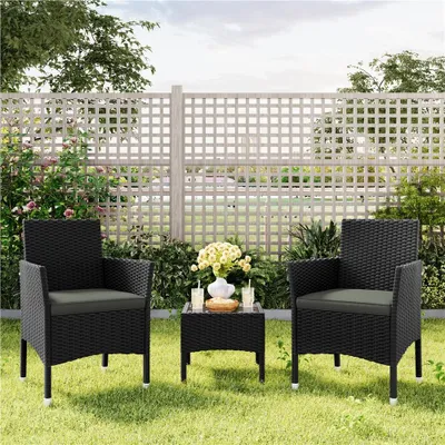 Produktbild von Yaheetech 2er Set Gartenstuhl aus Polyrattan, inkl. Sitz- & Rückenpolster, Gartenmöbel Set mit 2 Sessel, wasserabweisend & waschbar, Schwarz & Grau