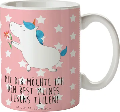 Produktbild von Mr. & Mrs. Panda Kaffeebecher Einhorn Blume - Rot Pastell - Geschenk, Liebe, Unicorn, Trinkbecher, Tasse, Freund, Kaffeetasse, Becher, Teetasse, Freundin, Partner