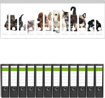Produktbild von Wallario 12 Stück breite Ordner inkl. Klebeetiketten mit Motive Hundewelpen und Katzenjunge -  Set mit Rückenschildern / Ordnerrücken Stickern