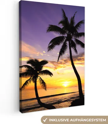 Produktbild von MuchoWow® - Leinwandbilder - Strand - Sonnenuntergang - Palmen - Tropisch, Wandbild, Wanddeko Bilder Wohnzimmer, 80x120 cm