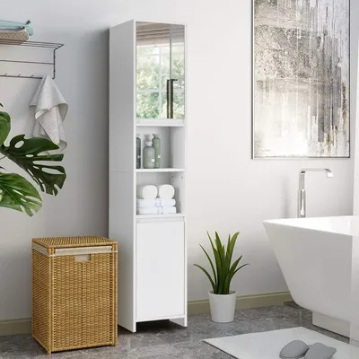 Image de CLIPOP Armoire de salle de bains avec miroir, 2 portes et 2 étagères ouvertes,30 x 30 x 163 cm