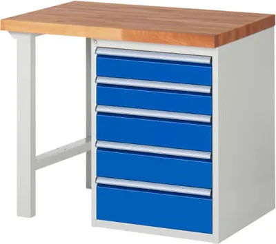 Produktbild von Werkbank mit 5 Schubladen - Vollauszug - 120:2 / 150:2 / 180:1 - 890 x 1.000 x 700 mm (HxBxT) - Traglast 1.000 kg - Buche