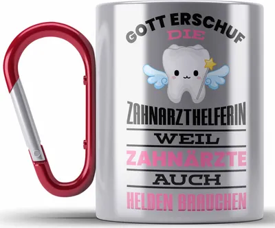 Produktbild von Trendation - Zahnarzthelferin Edelstahl Tasse Karabiner Geschenk Lustig Zahnarzt Damen Kollegin Geschenkidee Zahnmedizinische Fachangestellte (Rot)
