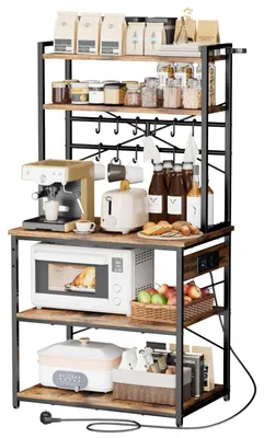 Obrázok produktu pre Kuchynská polica – pekárska polica/polica na mikrovlnnú rúru – rozmery 80 x 40 x 161,8 cm – výstuž v tvare X – 12 háčikov v tvare S – s lištou na zásuvky – na riad a koreniny – kovová polica